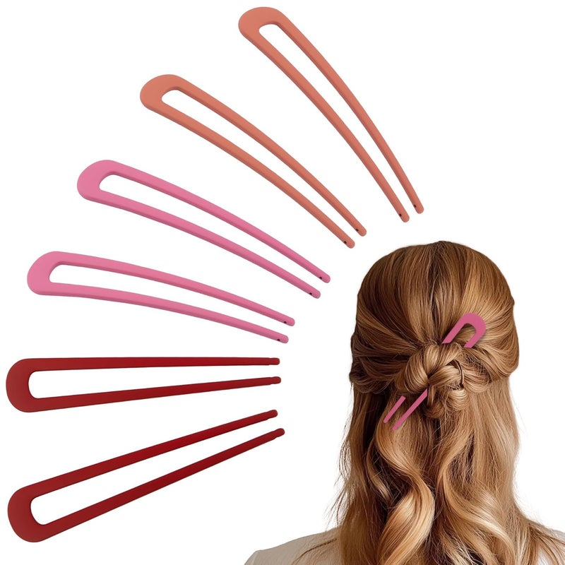 hisial 6Pcs Metal French Hair Pins for Women U Shape Sticks 3.9 Inch Vintage Fork for Hairstyle Accessories(Pink/Orange Red/Red) - Image 1